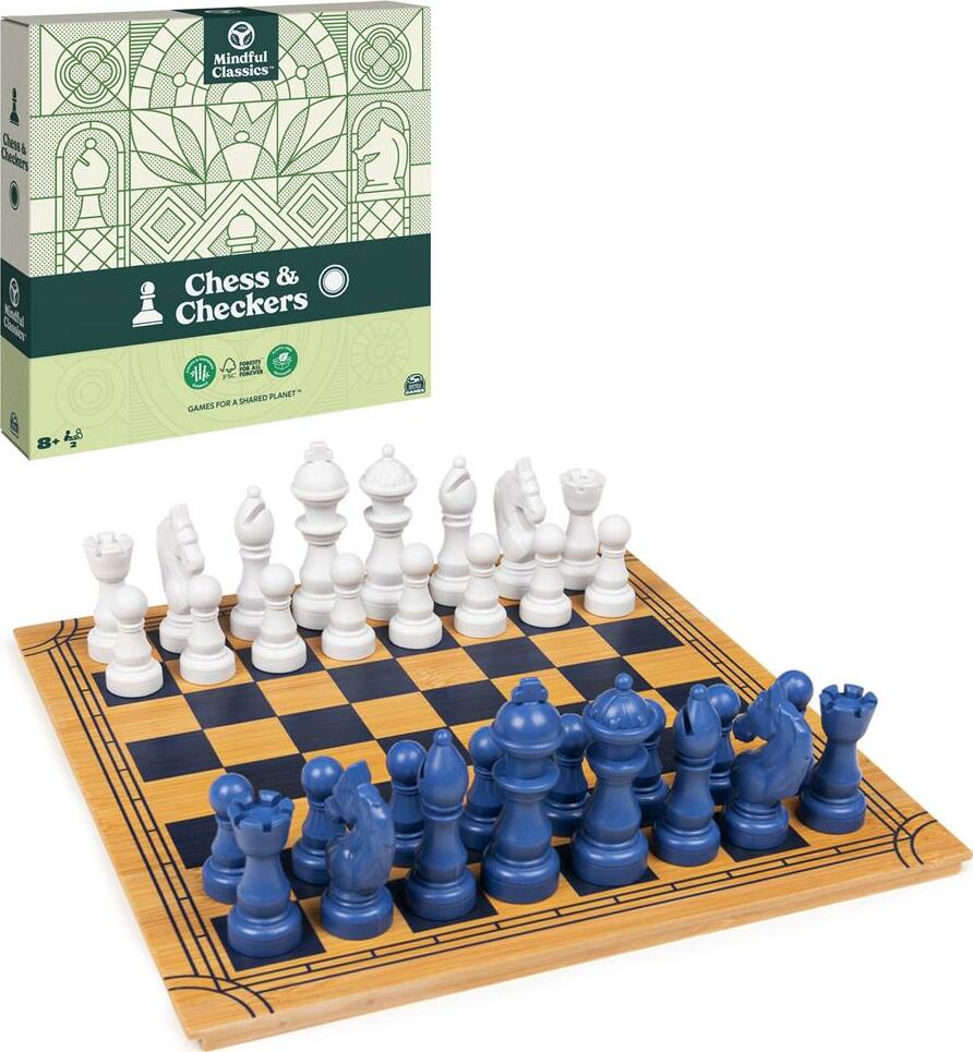 Mindful Classics - Chess Checkers Board Game Set with Bamboo Wooden Box