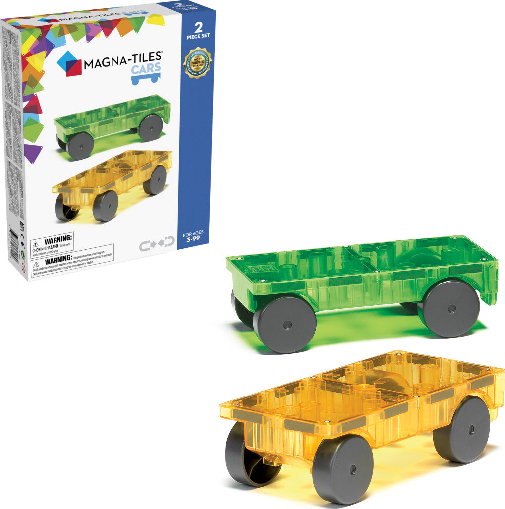 MAGNA-TILES Cars – Green & Yellow 2-Piece Magnetic Construction Set, The ORIGINAL Magnetic Building Brand