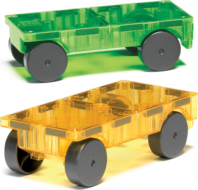 MAGNA-TILES Cars – Green & Yellow 2-Piece Magnetic Construction Set, The ORIGINAL Magnetic Building Brand