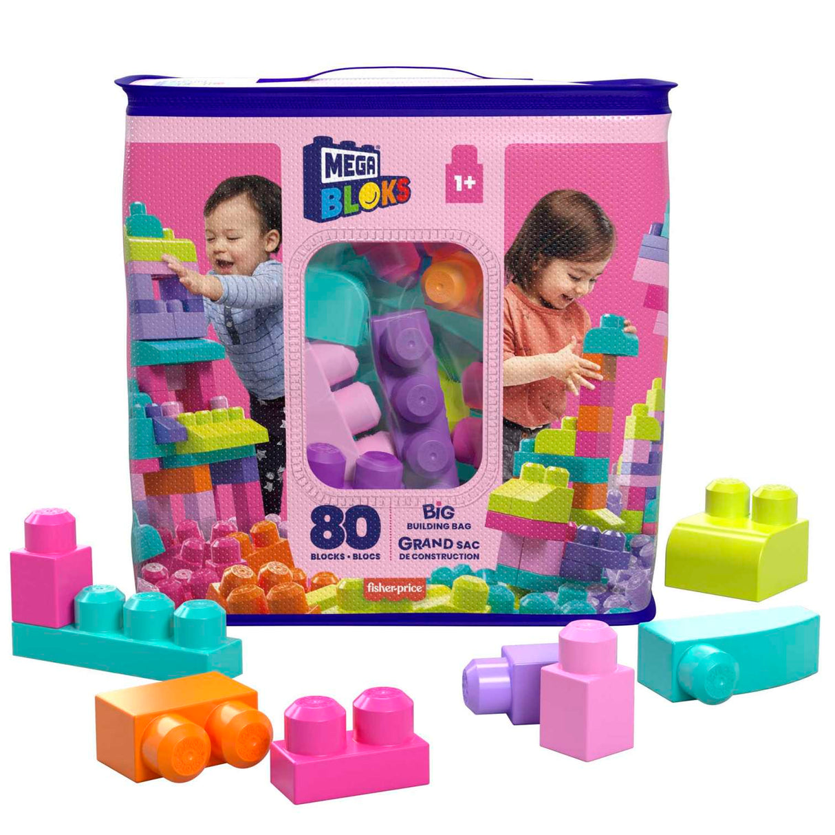 MEGA BLOKS Fisher-Price Toy Blocks Pink Big Building Bag With Storage (80 Pieces) For Toddler