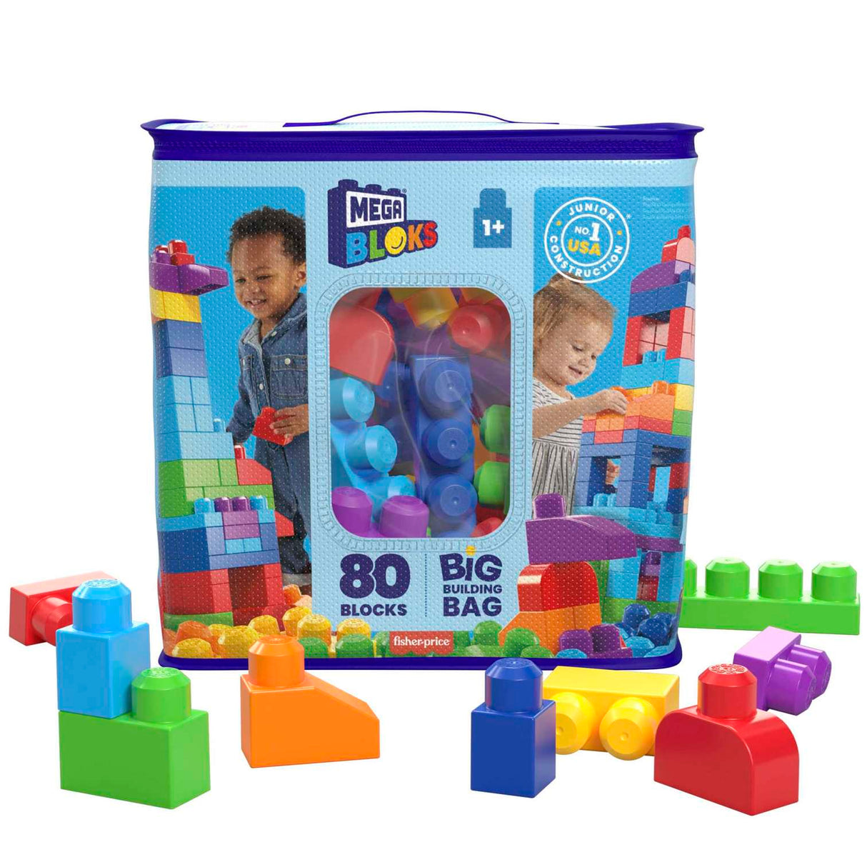 MEGA BLOKS Fisher-Price Toy Blocks Blue Big Building Bag With Storage (80 Pieces) For Toddler