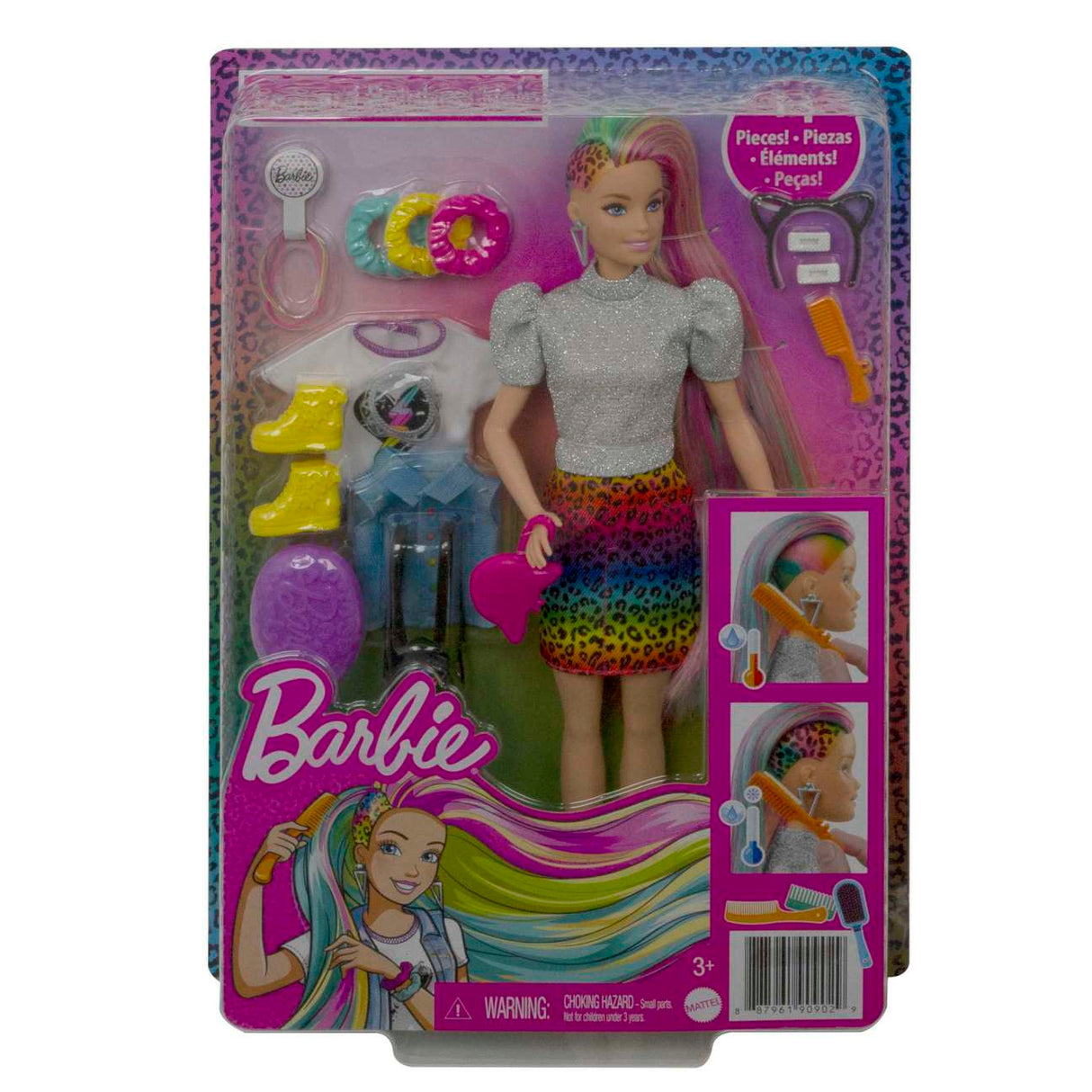 Barbie Leopard Rainbow Hair Doll 2 With Color-Change Hair Feature, 16 Accessories GRN80 assort