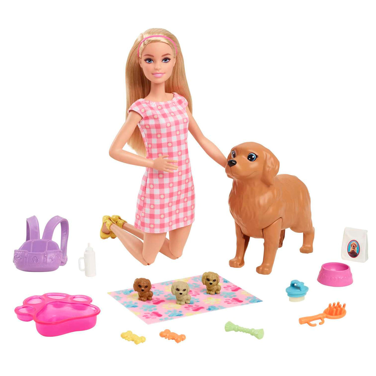 Barbie Doll Newborn Pups Playset With Blonde Doll, Mommy Dog And 3 Puppies