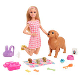 Barbie Doll Newborn Pups Playset With Blonde Doll, Mommy Dog And 3 Puppies