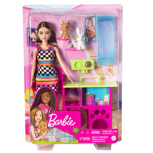 Barbie & Pets Playset Brunette w/ Checkered Dress, Dog, Bunny HGM62 assort