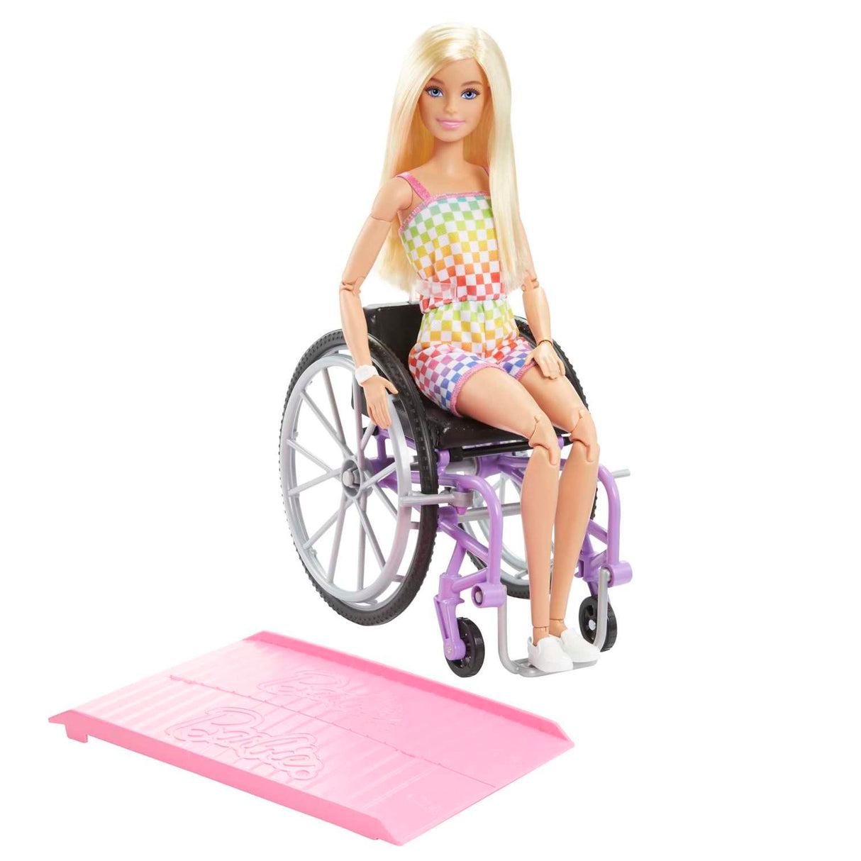 Barbie Fashionistas Doll #194 With Wheelchair & Ramp, Blond Hair, Rainbow Dress & Accessories