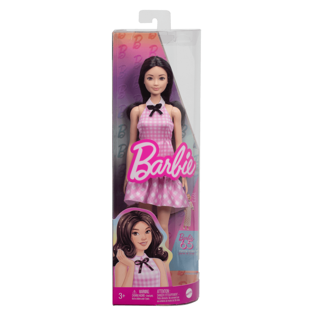 Barbie Fashionistas Doll #224 With Black Hair, Pink Gingham Dress & Accessories, 65th Anniversary