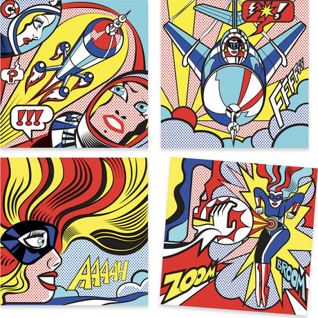 Superheroes Inspired by Lichtenstein Coloring and Rub-On Transfer Kit