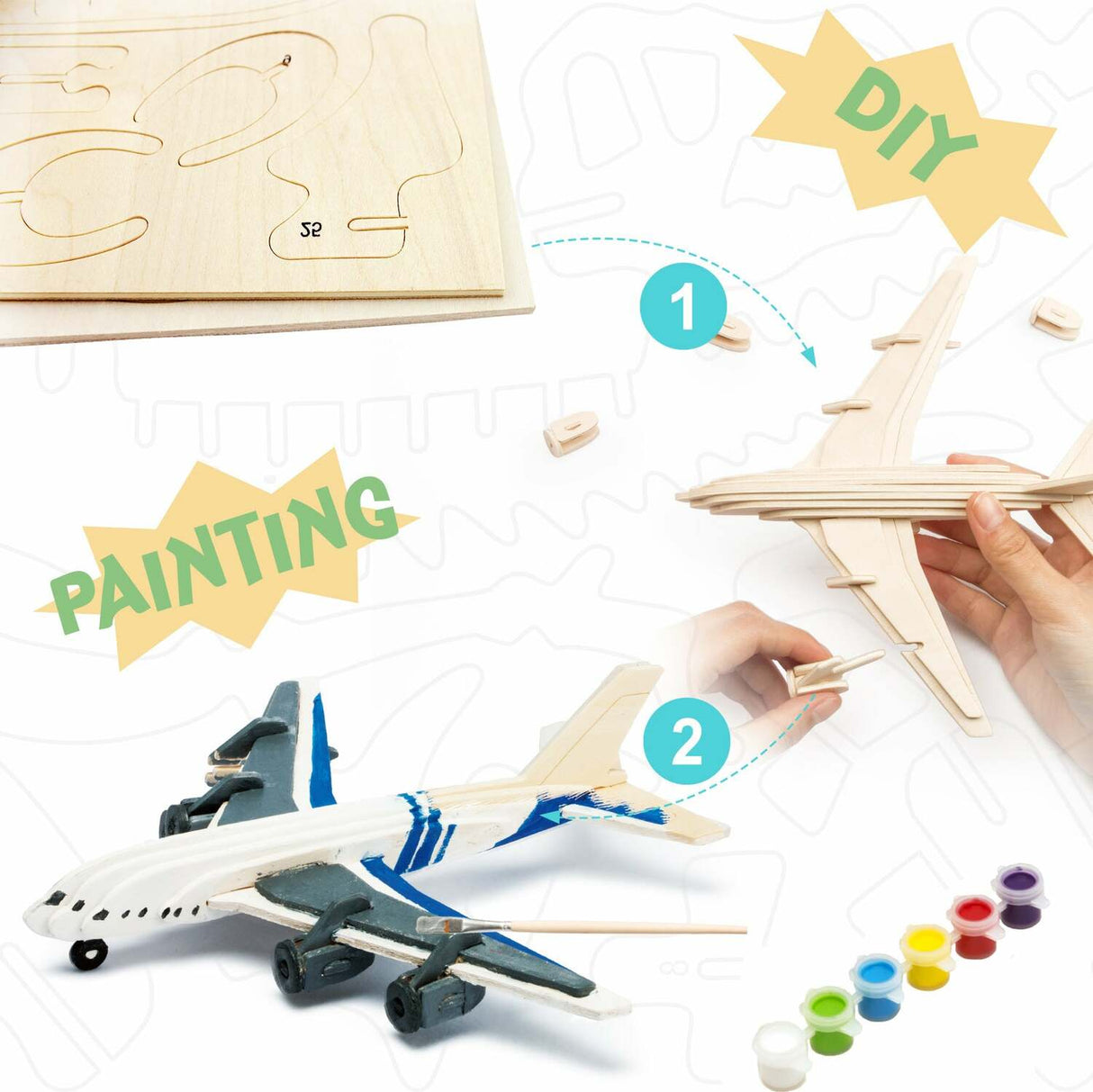 3D Wooden Puzzle Paint Kit - Civil Airplane